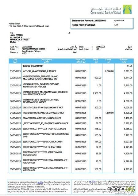 Modèle Word et PDF de relevé de compte de la Commercial Bank of Dubai des Émirats arabes unis